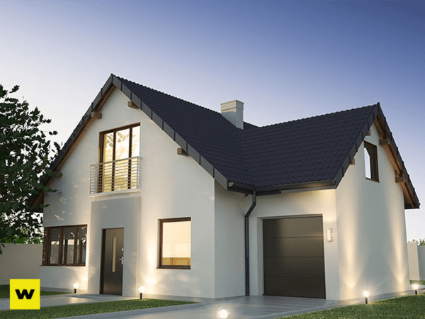 Modernes Einfamilienhaus mit Satteldach, Garage und großem Fenster im Vorgarten.